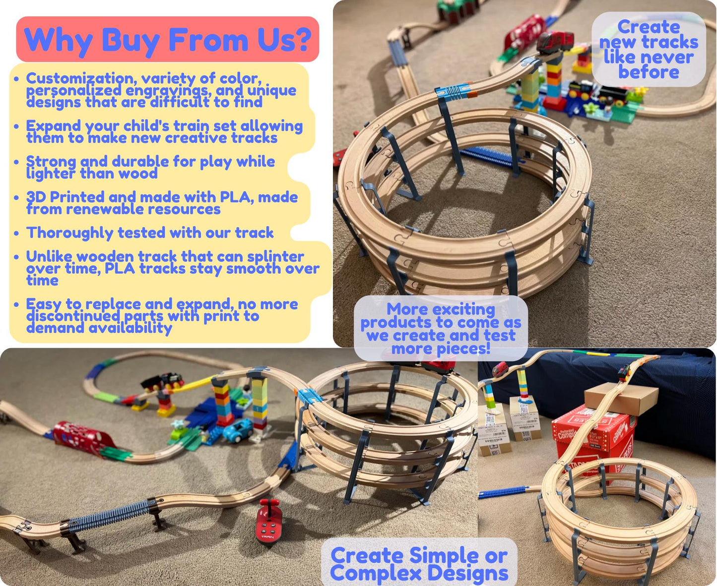 Wooden train track loop and spiral designs built using Flexi Tracks combined with traditional wooden tracks, showing the variety of layouts possible