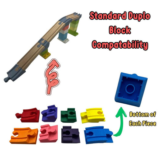 Standard Duplo block compatibility chart with colorful blocks and a wooden track piece.