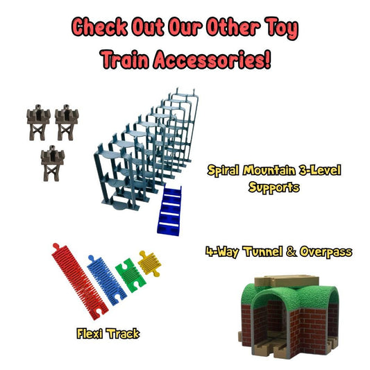 Train accessories you can add to a kit: spiral supports, flexible track, bridge supports and the 4-way bridge tunnel