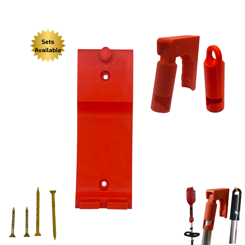 Red wall mounts for a string trimmer power head and a QUIK-LOK attachment