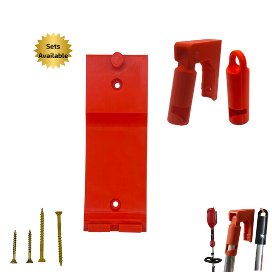 Red wall mounts for a string trimmer power head and a QUIK-LOK attachment