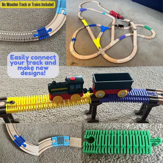 Wooden train layouts on carpet joined with colorful flexible track