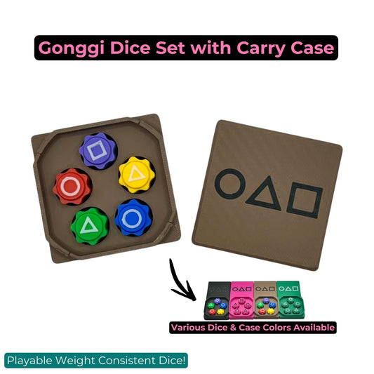 Five weighted gonggi dice with circle, triangle and square shapes and a twist-lock case