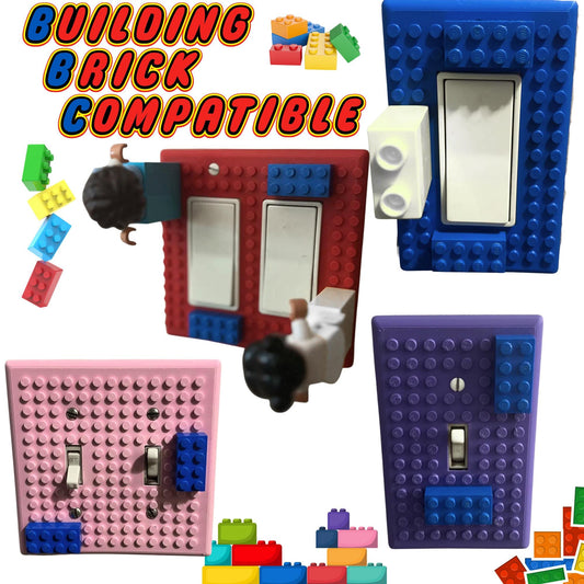 Brick-compatible wall plates in pink, red, blue and purple on a wall with building bricks and minifigures attached