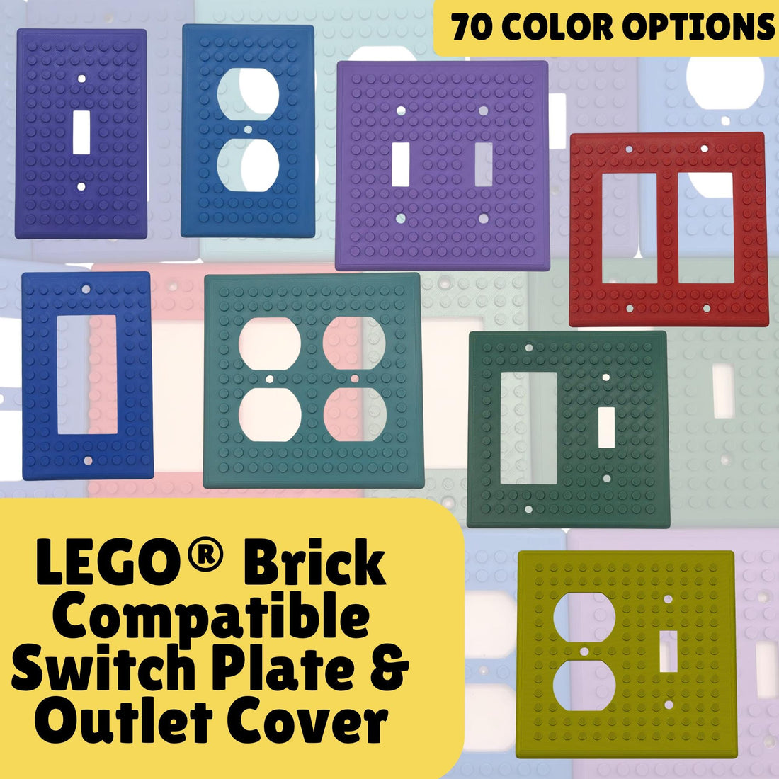 Brick-compatible switch plates and outlet covers in many colors