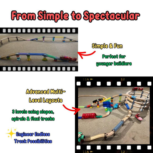 A simple wooden train loop next to a multi-level layout built with ramps and supports