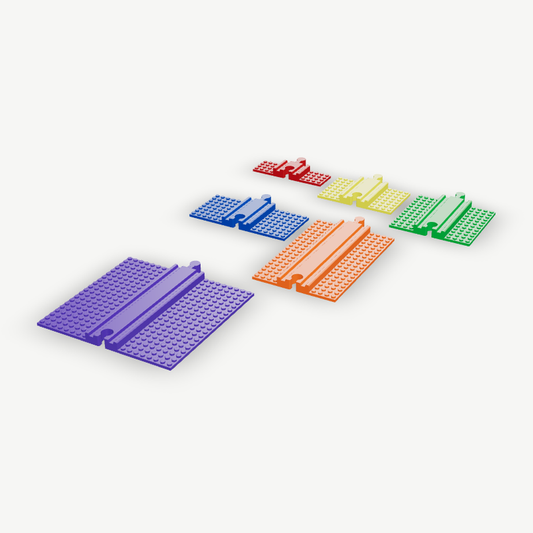 Six brick rails in red, yellow, green, blue, orange and purple, from the 4×4 to the 8×20