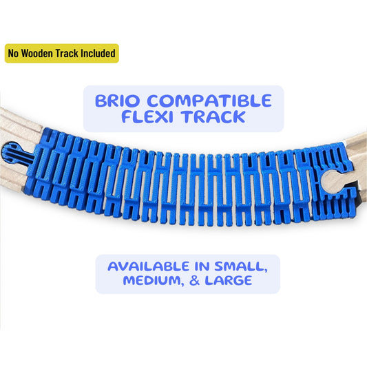 Blue Flexi Wooden Train Track curving between two pieces of wooden train track, on a white background