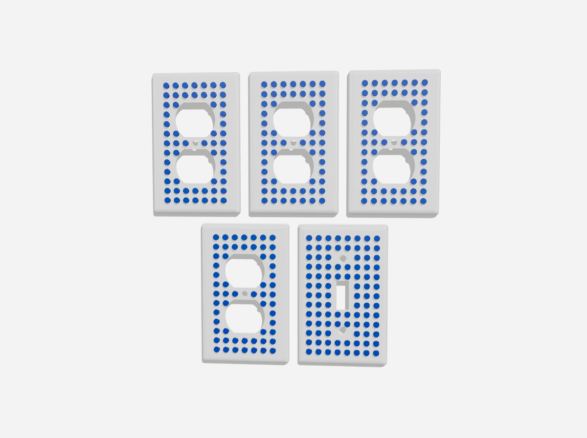Bedroom pack of five brick-compatible wall plates, white with blue studs