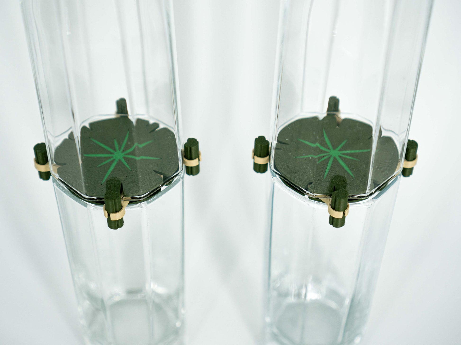 Two clear glass tumblers with black bases and green star designs on a white background