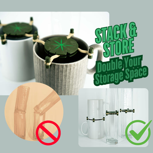 Stackable mug holders with text 'Stack & Store Double Your Storage Space' on a gray background.