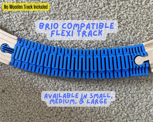 Blue 3D printed Flexi Wooden Train Track curving along a Brio-compatible wooden train track on a carpeted floor