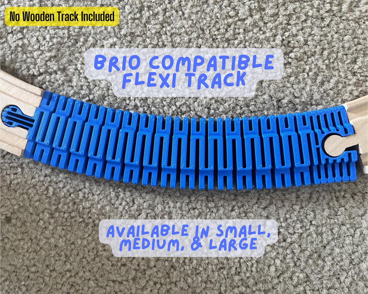 Blue flexible track curving between pieces of wooden train track