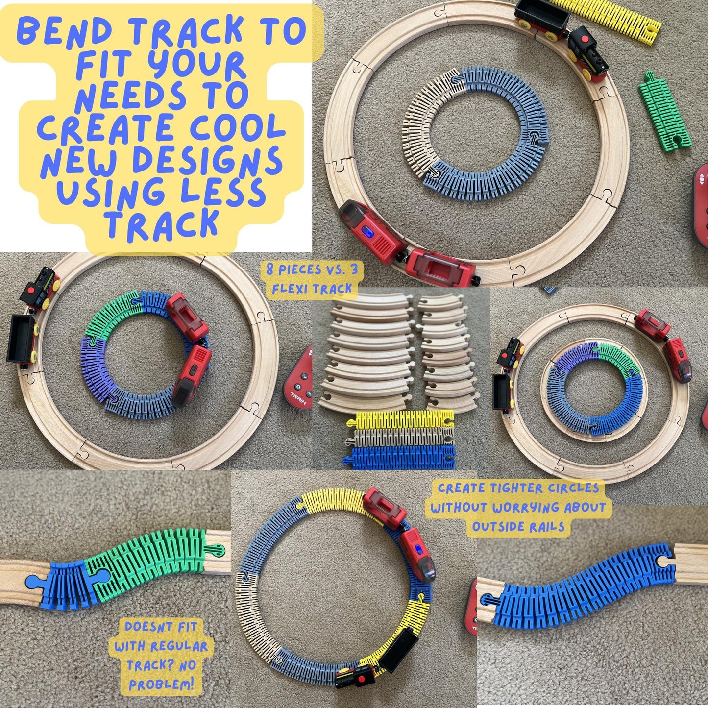 Examples of Flexi Wooden Train Tracks bent into tight curves and creative designs, showing how the flexible material allows custom layouts that rigid tracks cannot make