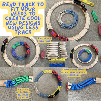 Examples of Flexi Wooden Train Tracks bent into tight curves and creative designs, showing how the flexible material allows custom layouts that rigid tracks cannot make