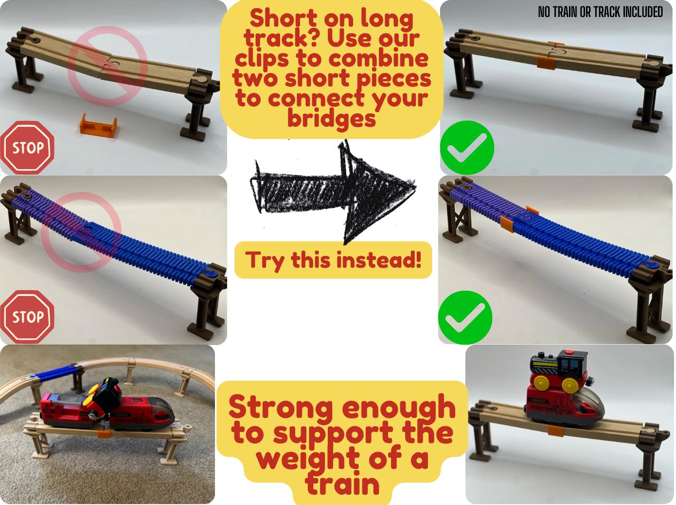 Collage of toy train track bridges with instructions on using clips to connect short pieces.