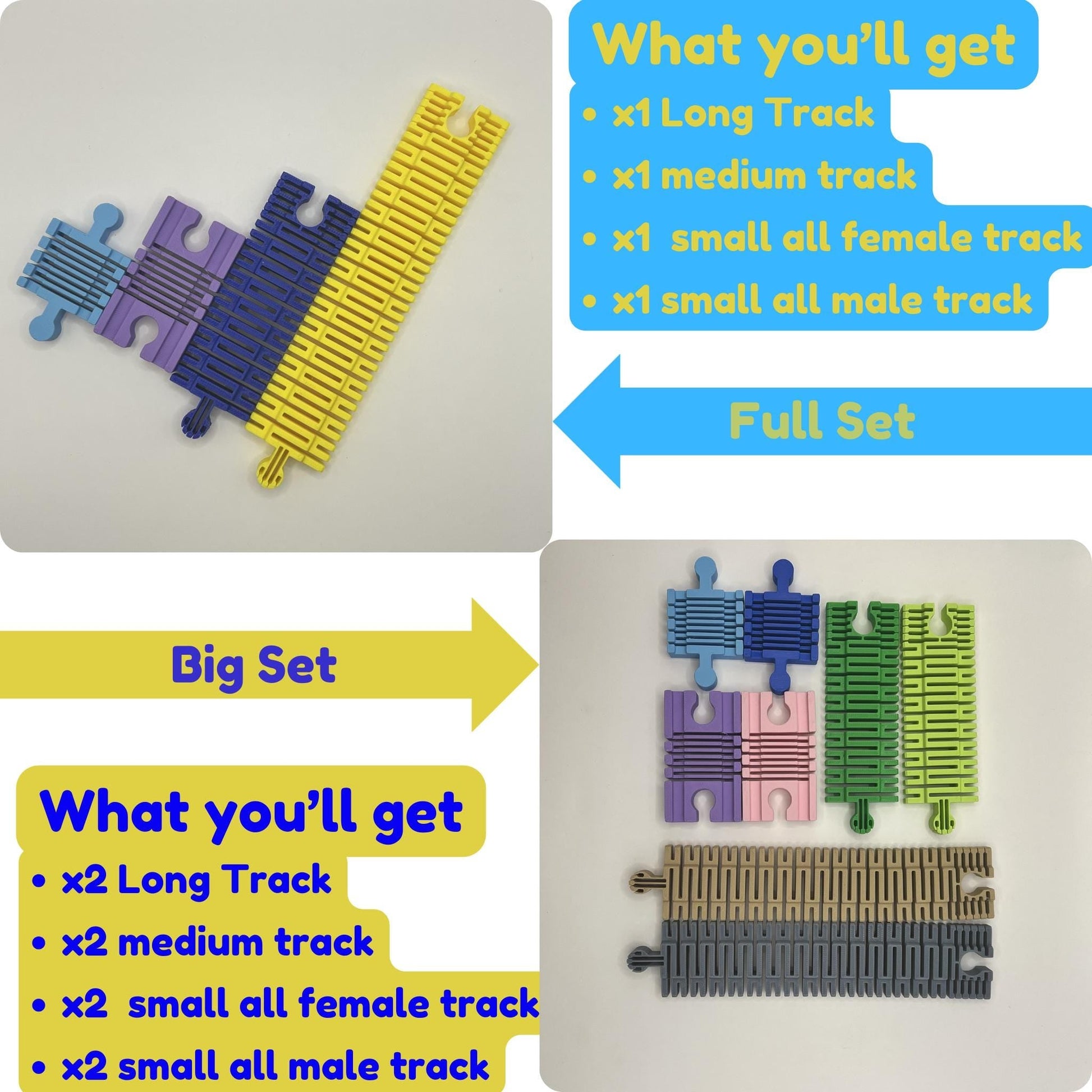 Comparison of Flexi Track Starter Set and Family Set, showing the included track pieces and quantities