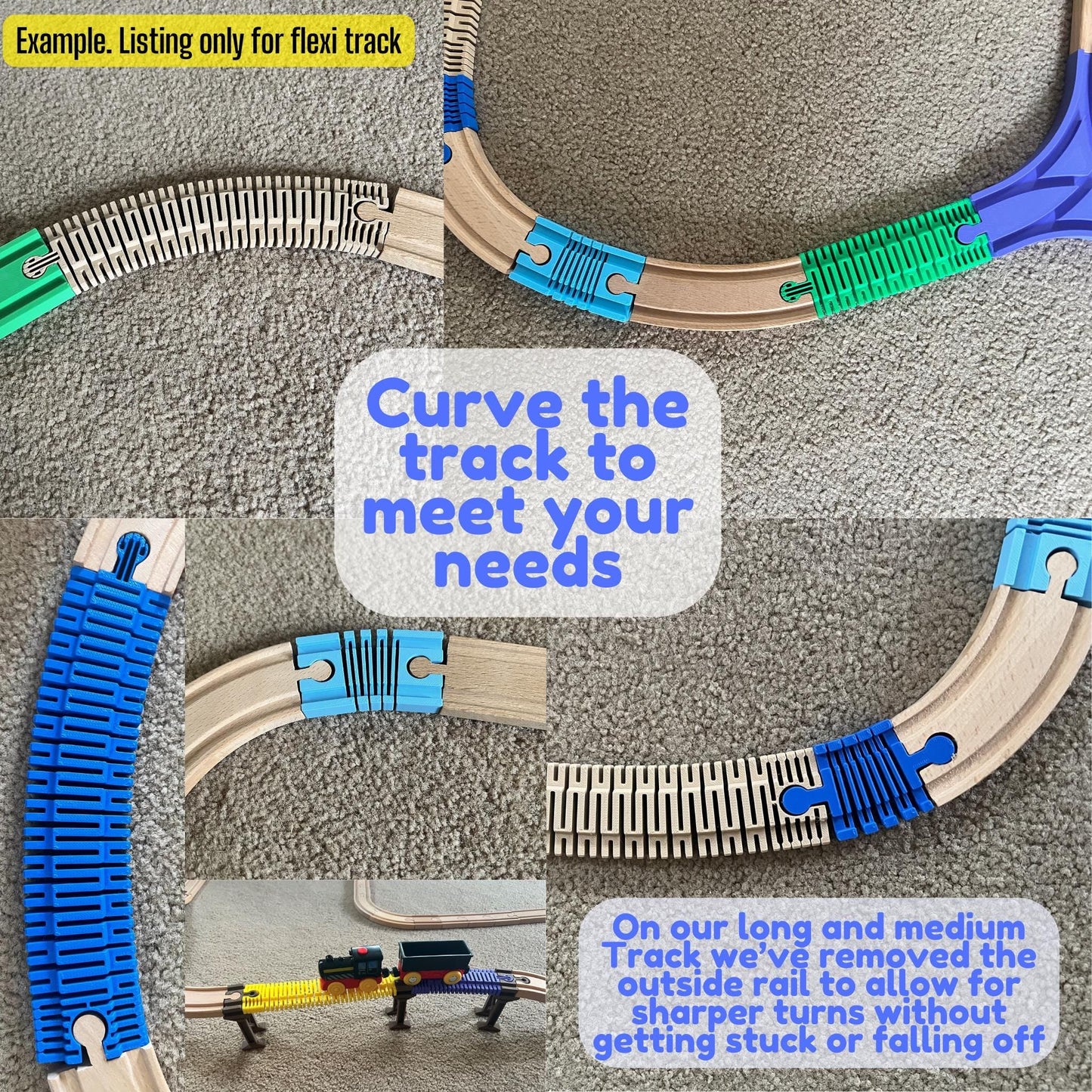 Close-up of Flexi Wooden Train Tracks bent into sharp curves, with note that medium and large tracks have a removed outside rail for tighter turns without trains falling off