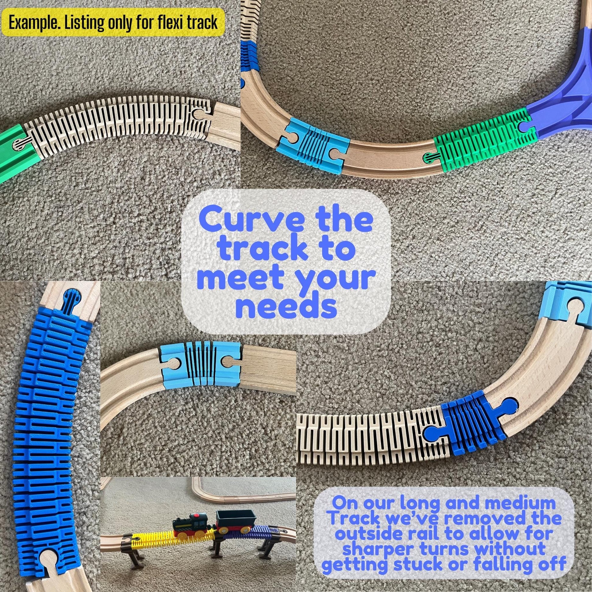 Close-up of Flexi Wooden Train Tracks bent into sharp curves, with note that medium and large tracks have a removed outside rail for tighter turns without trains falling off