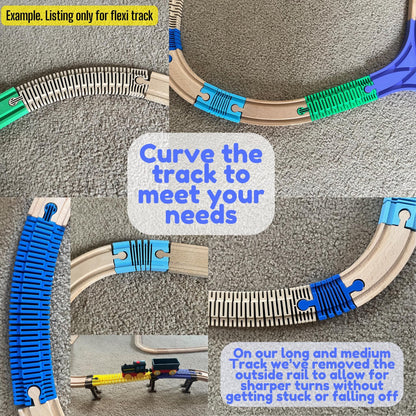 Close-up of Flexi Wooden Train Tracks bent into sharp curves, with note that medium and large tracks have a removed outside rail for tighter turns without trains falling off