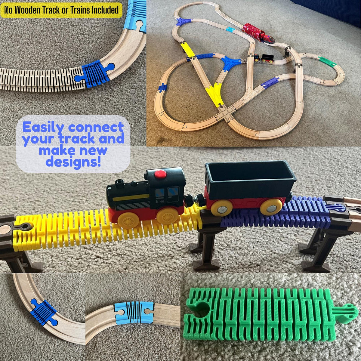 Wooden train layouts connected with flexible track