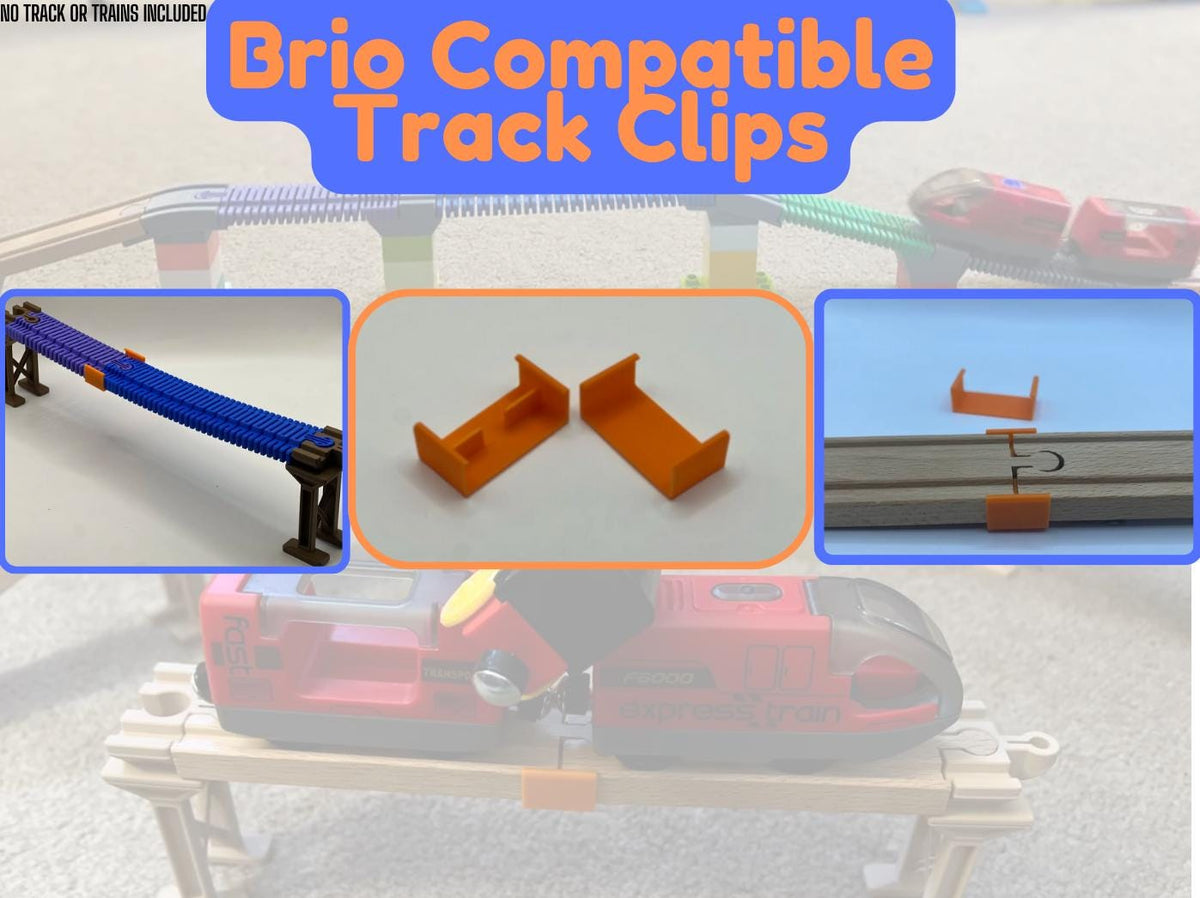 Track clips holding two pieces of wooden train track together
