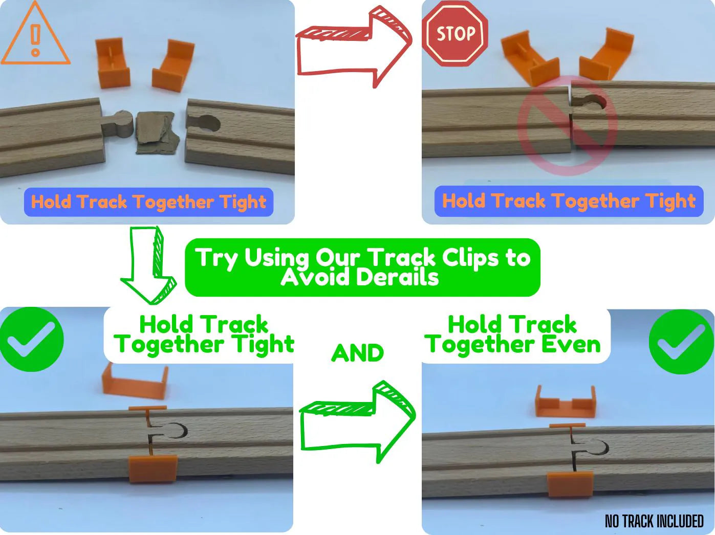 Instructions for holding toy track together with text and graphics on a blue background