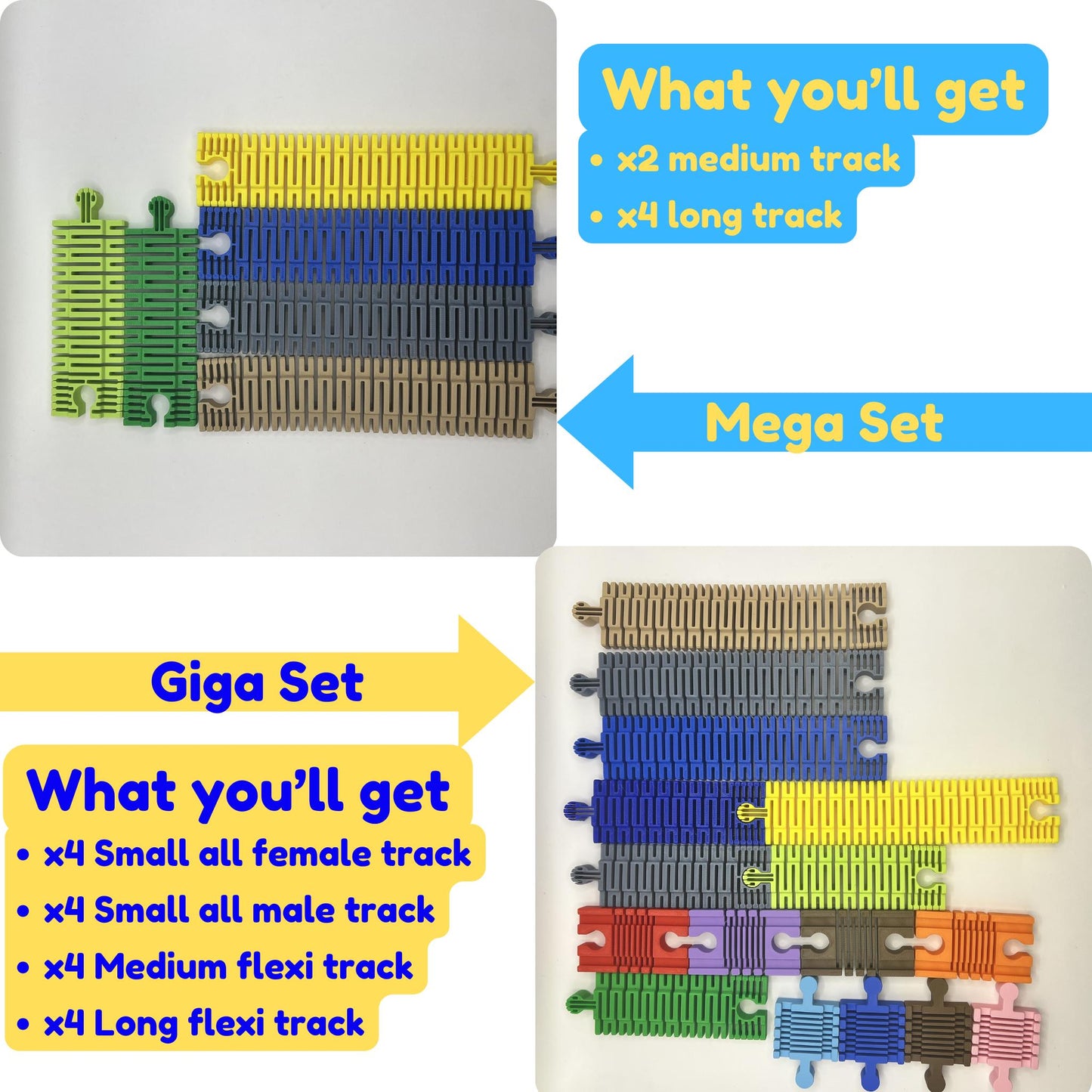 Comparison of Flexi Track Builder Set and Mega Set, showing the included track pieces and quantities