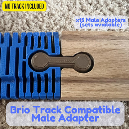 Double male adapter joining two female ends of wooden train track