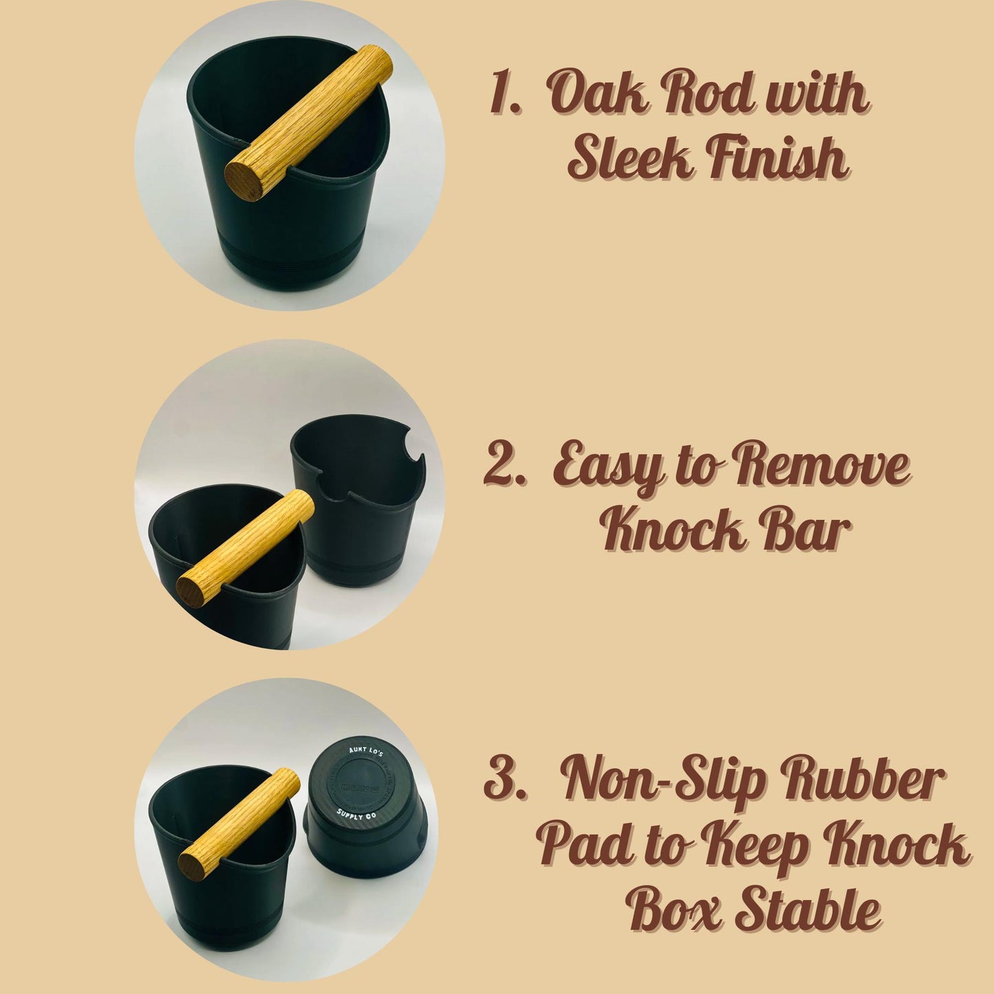 Espresso Knock Box with Oak Rod: Non-Slip Coffee Grounds Container, Made in USA