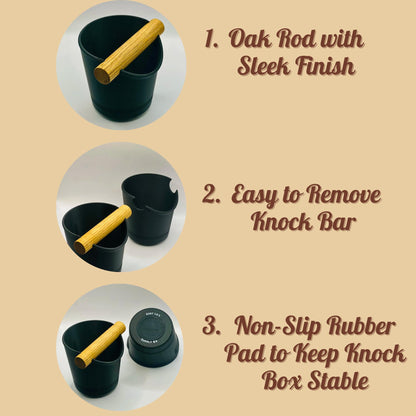 Espresso Knock Box with Oak Rod: Non-Slip Coffee Grounds Container, Made in USA