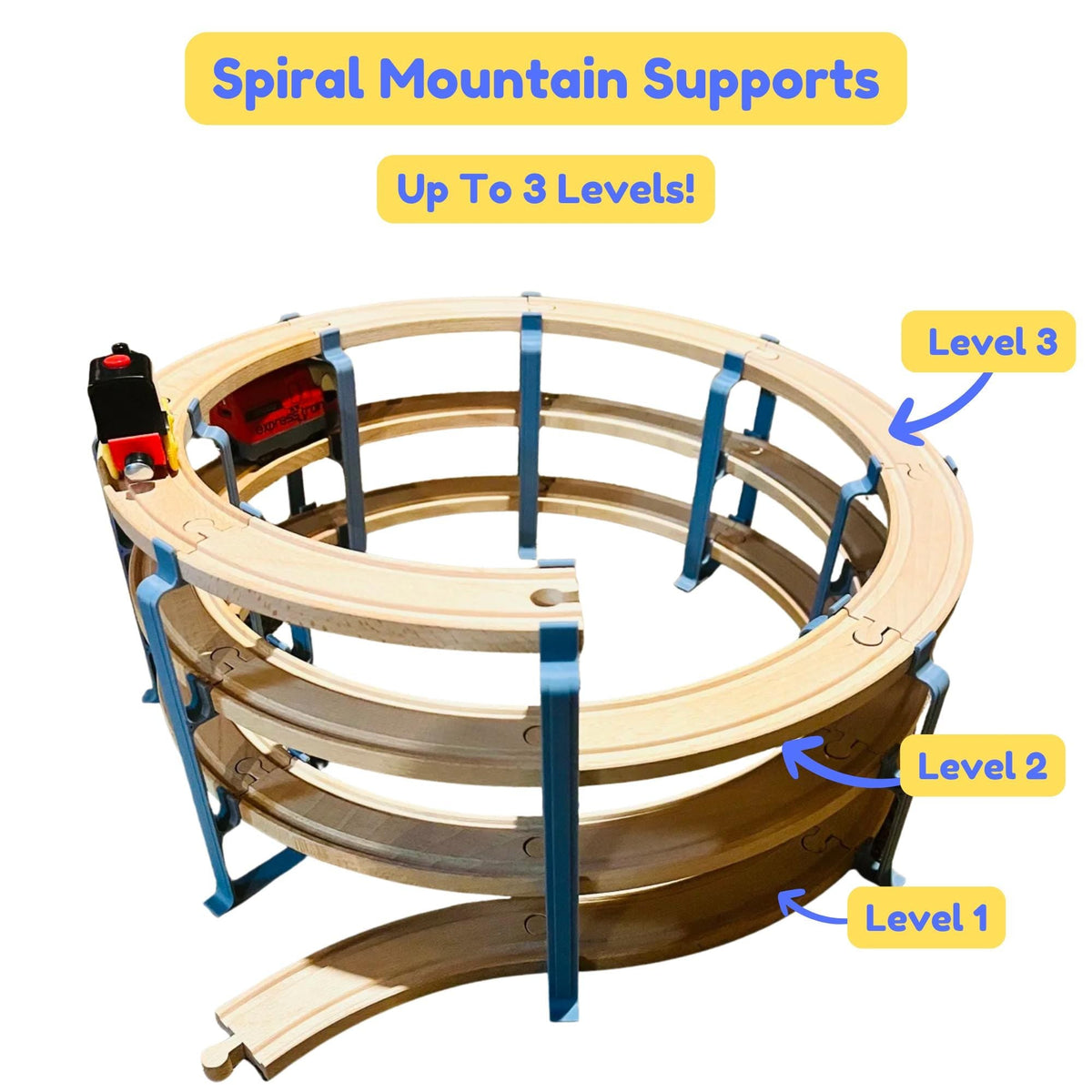 Spiral supports holding wooden track in a three-level spiral