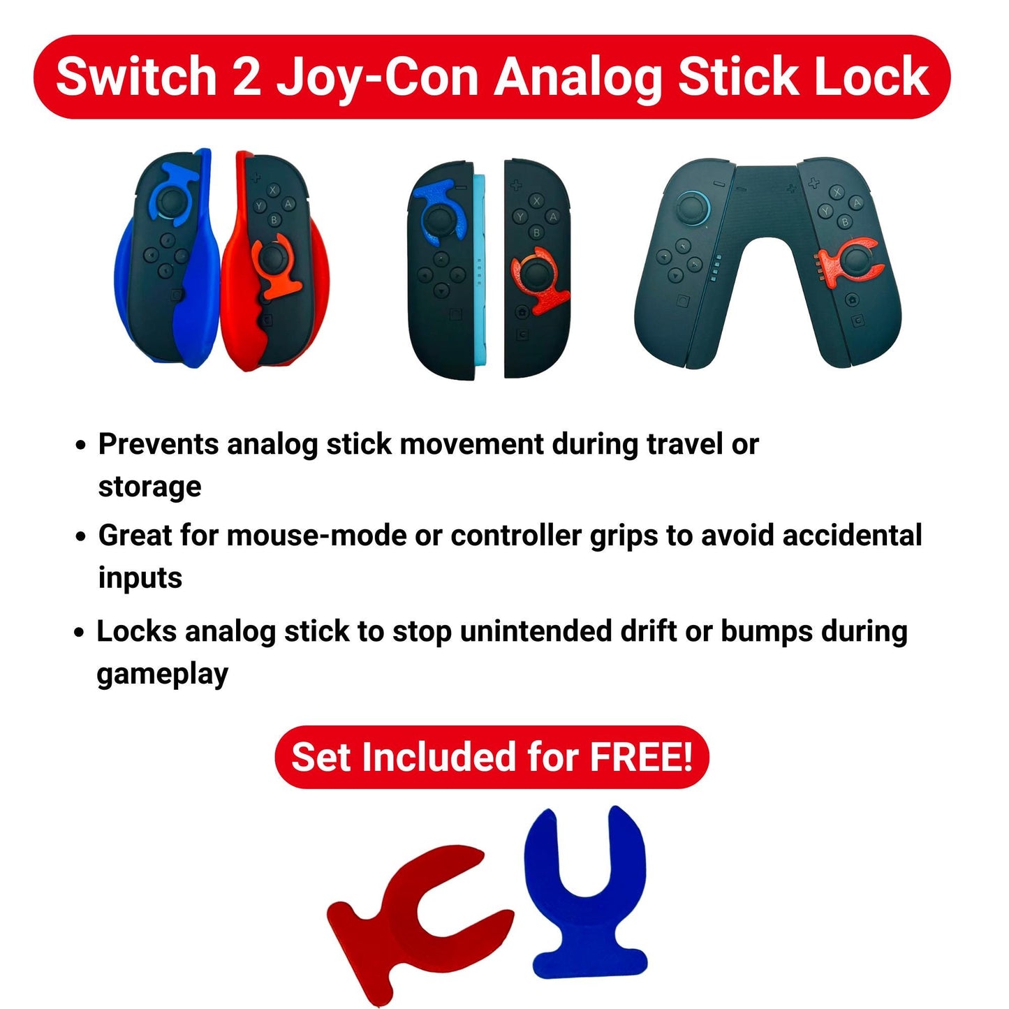 Advertisement for Switch 2 Joy-Con Analog Stick Lock with product images and features listed.