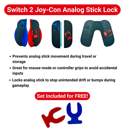 Advertisement for Switch 2 Joy-Con Analog Stick Lock with product images and features listed.