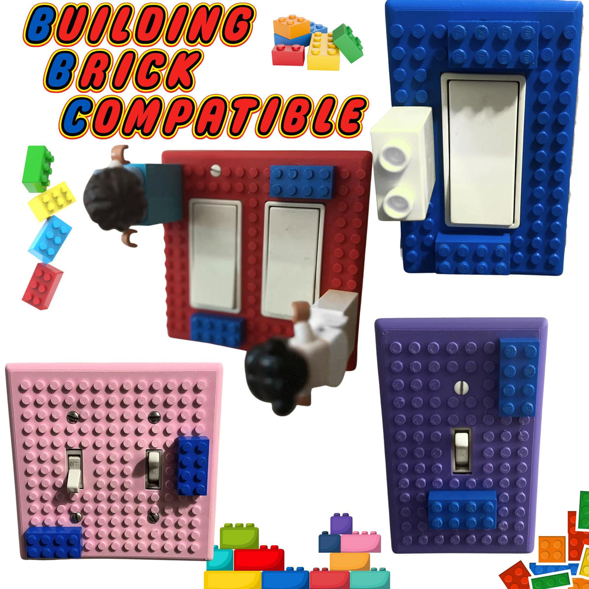Brick-compatible wall plates in pink, red, blue and purple mounted on a wall with building bricks and minifigures attached