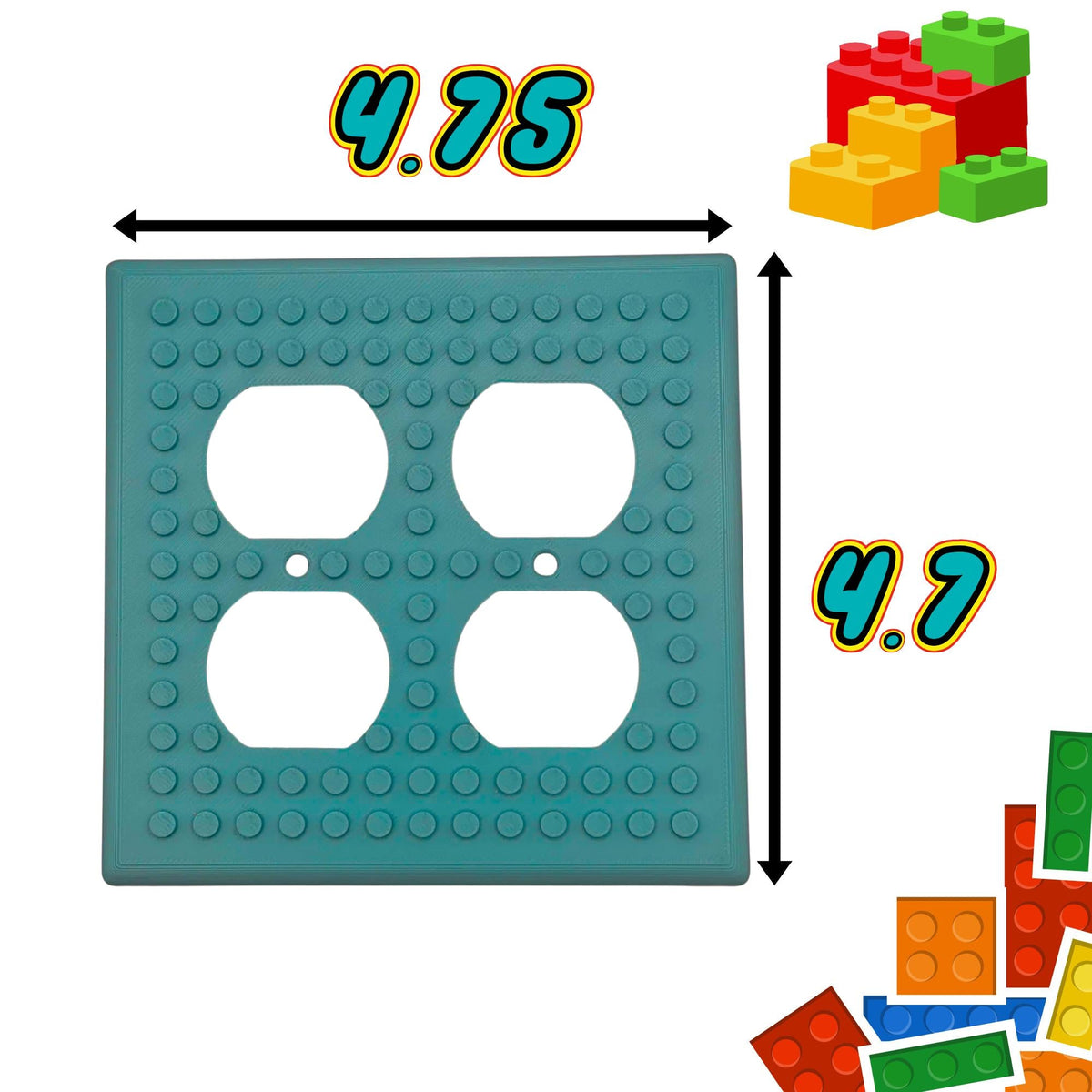 Double outlet plate dimensions, 4.75 inches wide by 4.7 inches tall