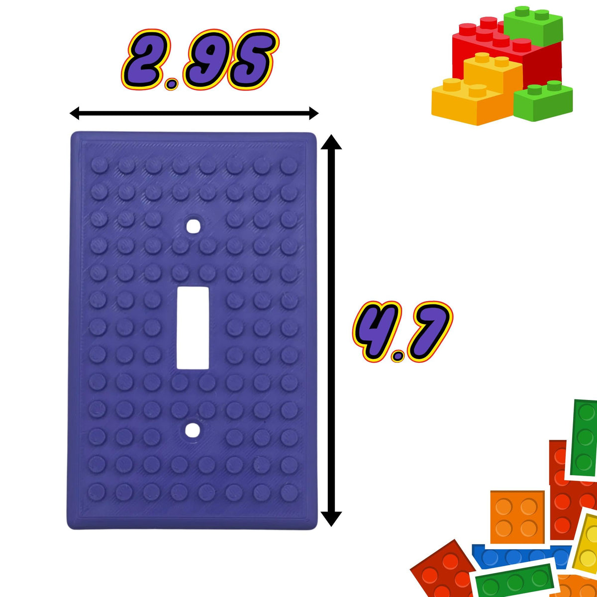 Single switch plate dimensions, 2.95 inches wide by 4.7 inches tall