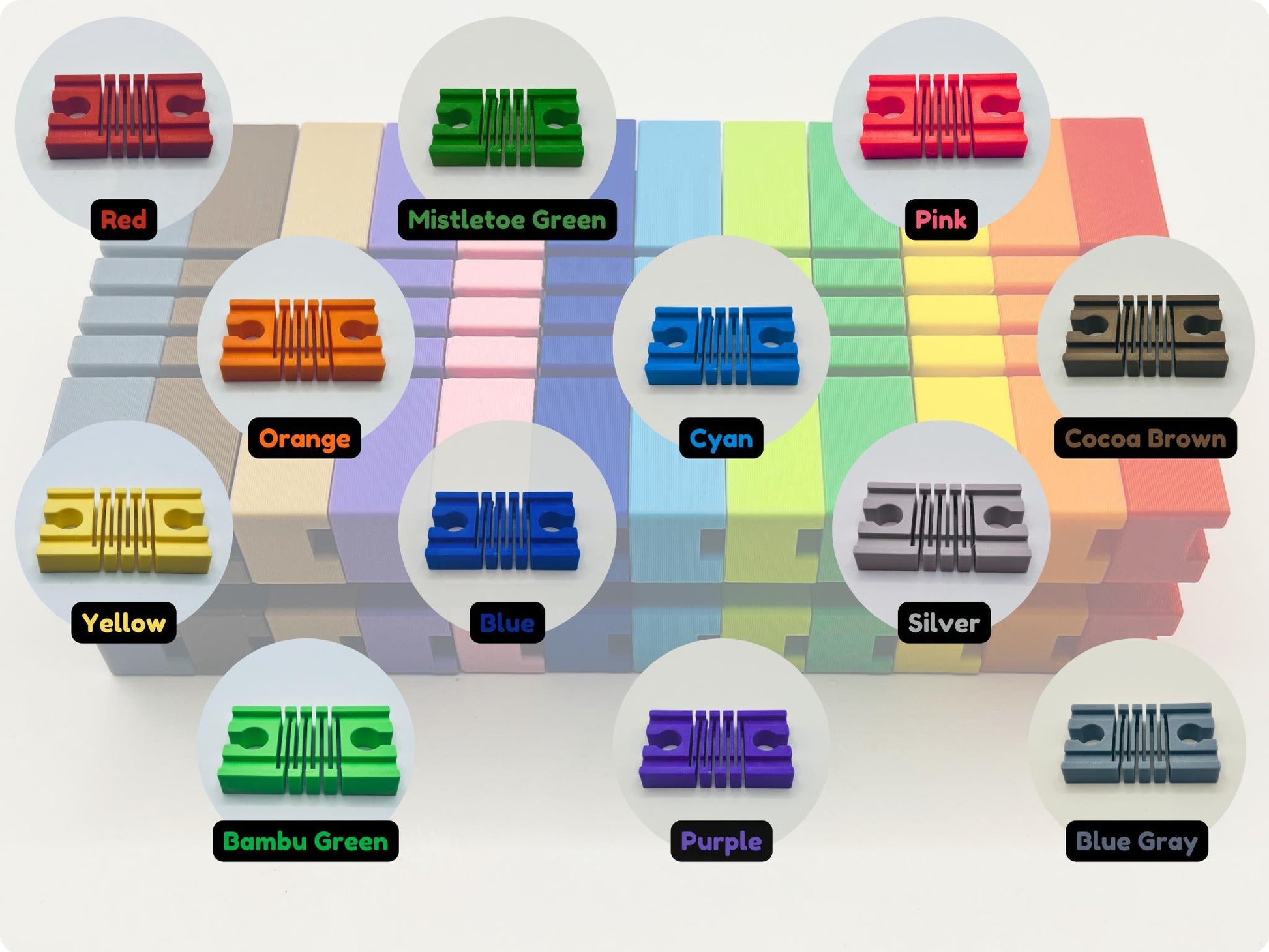 Color chart showing all twelve available Flexi Wooden Train Track colors: Red, Orange, Yellow, Bambu Green, Mistletoe Green, Blue, Cyan, Purple, Pink, Silver, Cocoa Brown, and Blue Gray