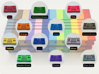 Color chart showing all twelve available Flexi Wooden Train Track colors: Red, Orange, Yellow, Bambu Green, Mistletoe Green, Blue, Cyan, Purple, Pink, Silver, Cocoa Brown, and Blue Gray