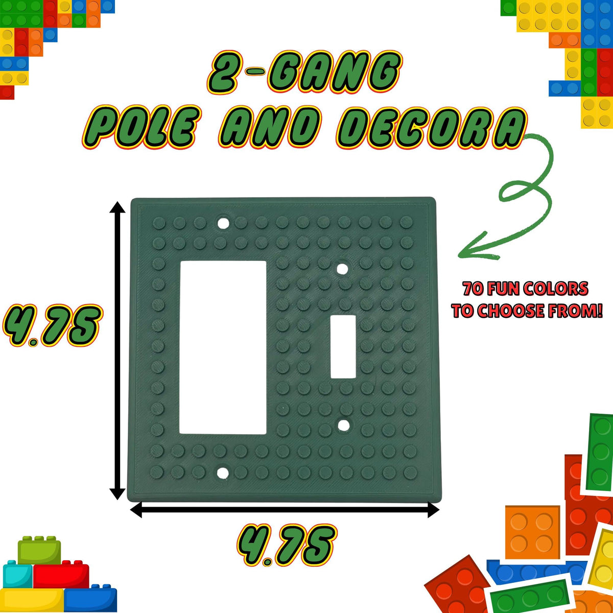 Two-gang switch and decora combination plate, 4.75 inches wide by 4.75 inches tall