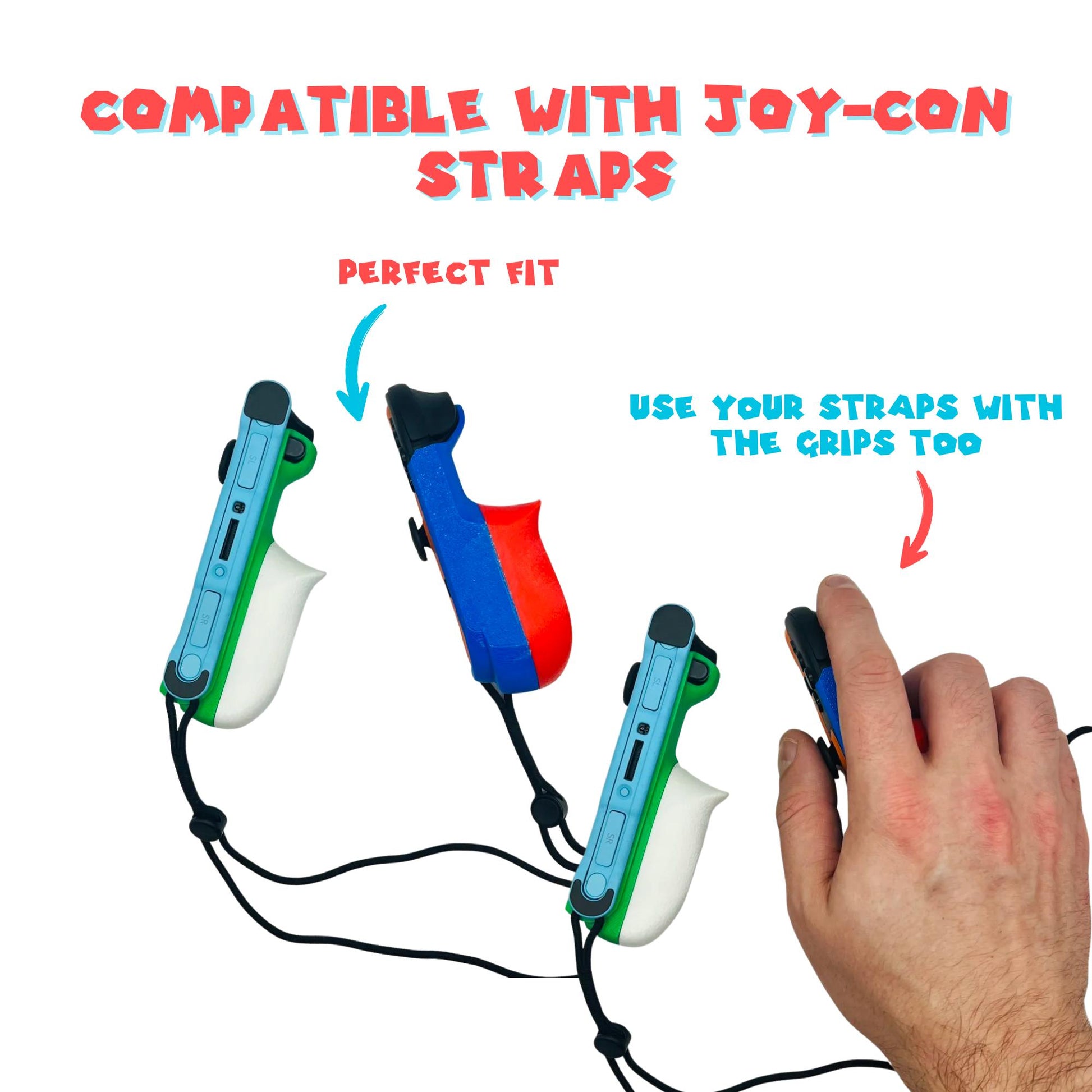 Gaming controller straps with text indicating compatibility and usage instructions on a white background.