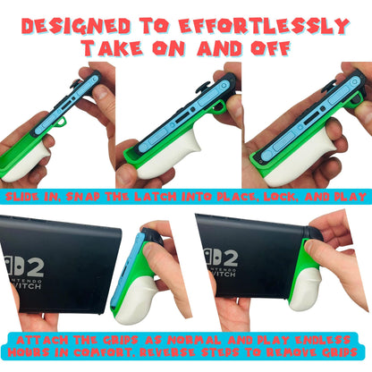 Product demonstration of a handheld gaming device with green and white grips, showing how to attach and remove them.