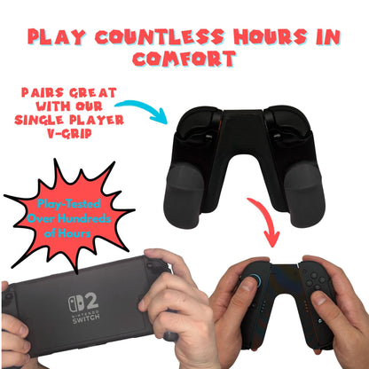 Gaming controller with text about comfort and compatibility with a single player grip.