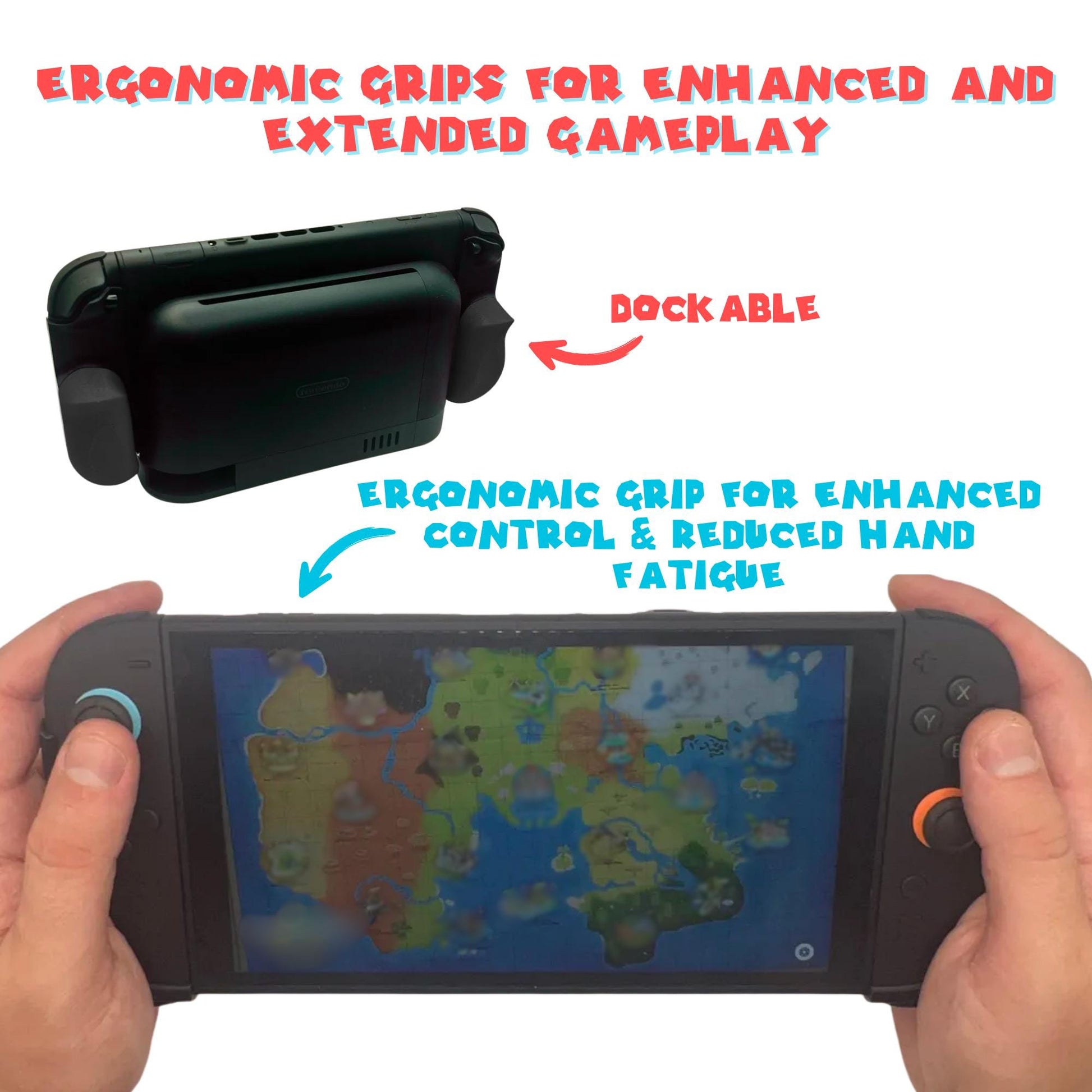 Handheld gaming device with ergonomic grips and dockable feature, showing gameplay on screen.