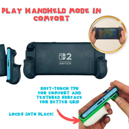 Nintendo Switch gaming controller with a handheld mode accessory, showing comfort features and ease of use.