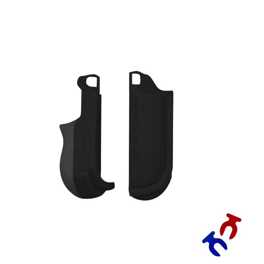 Two black plastic parts on a white background with a logo in the corner.