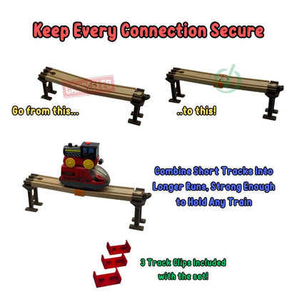 Toy train track set with a red train engine and text instructions on a white background
