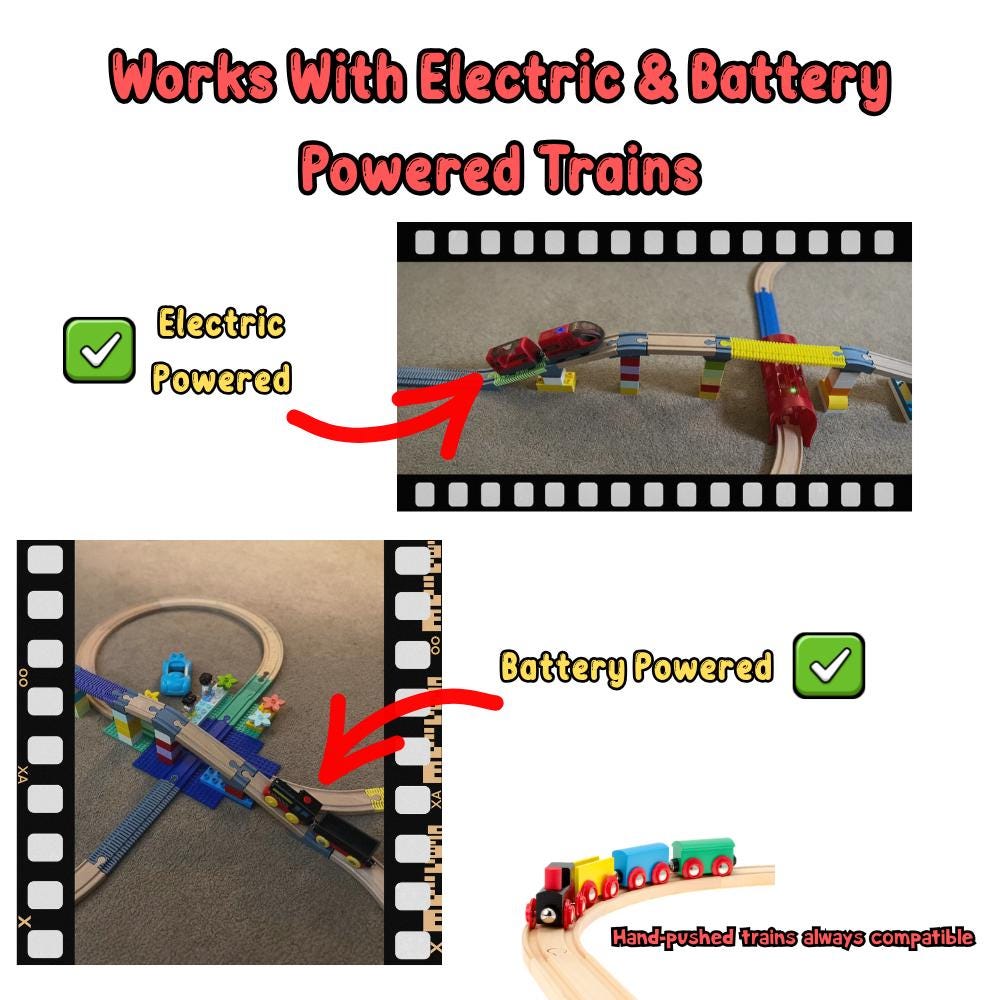 Comparison of electric and battery-powered toy trains on a track.