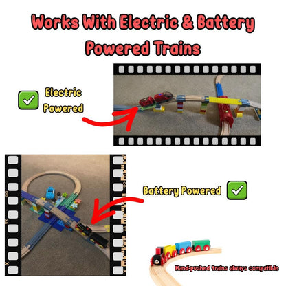 Comparison of electric and battery-powered toy trains on a track.