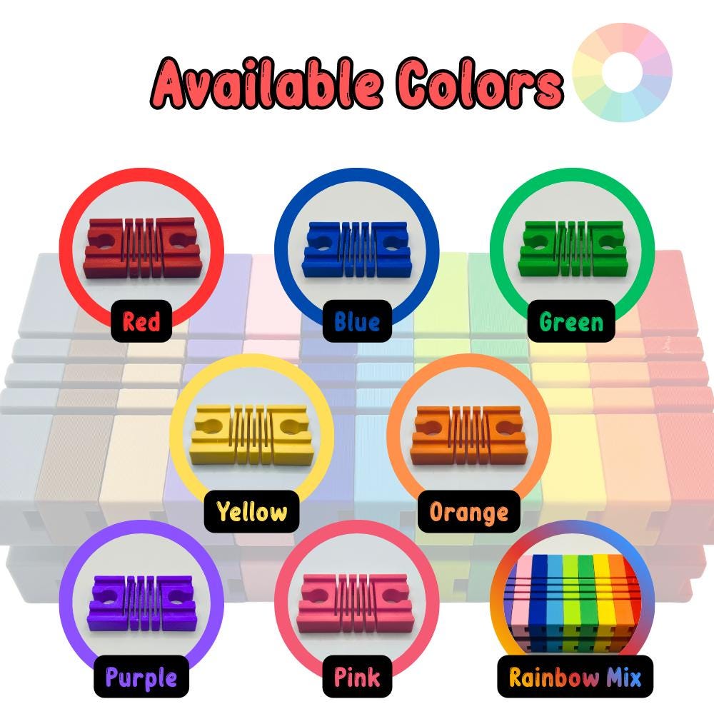 Colorful clips with labels indicating available colors on a white background